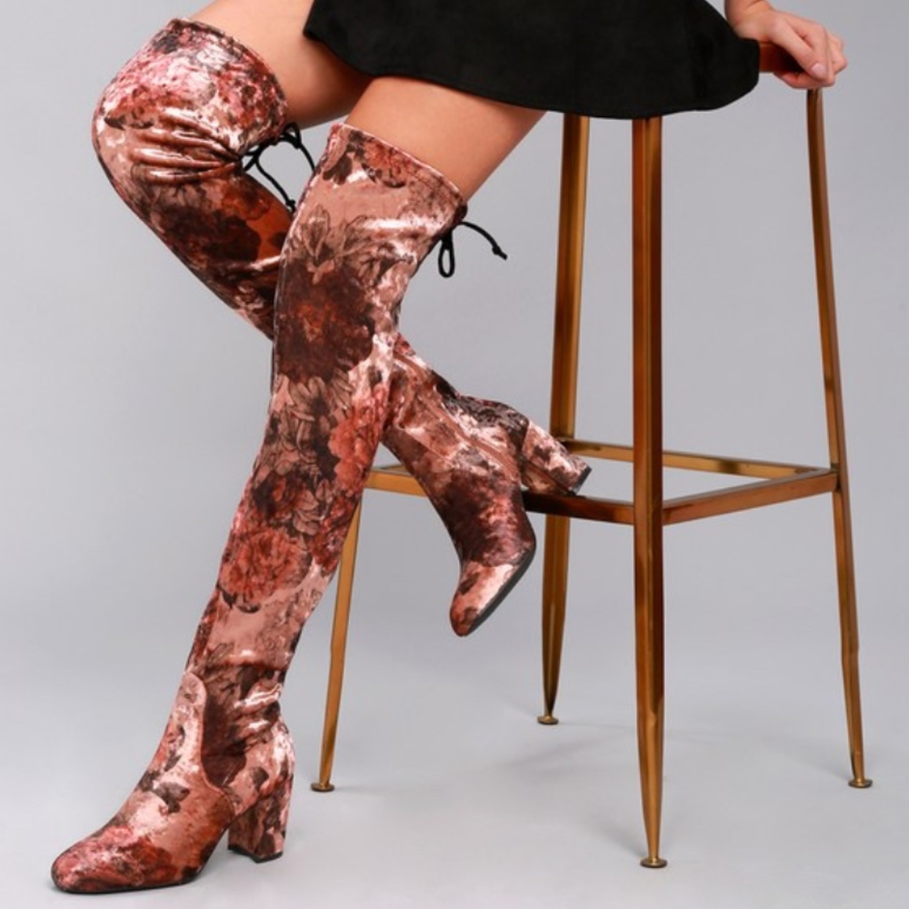 Floral Velvet Over the Knee Boots